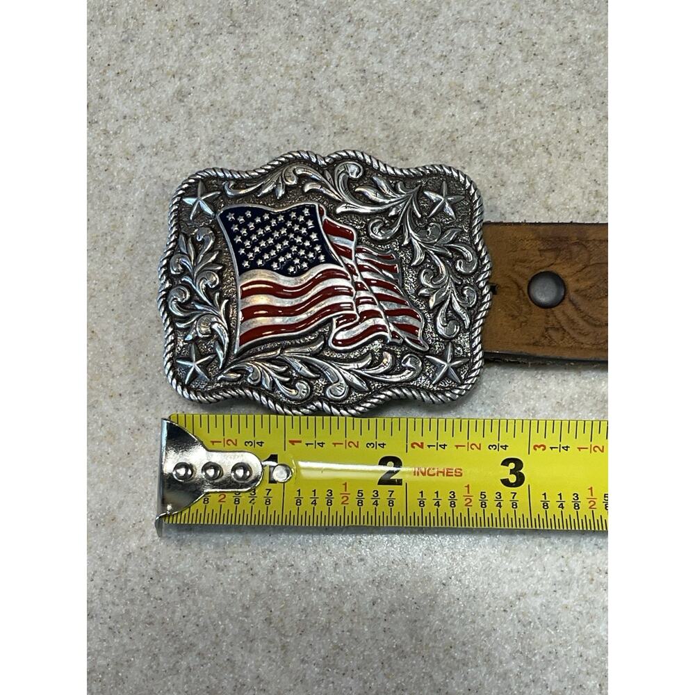 Justin Floral Tooled Leather Kids Belt American Buckle Brown Size -24 USA Flag - Picture 10 of 14